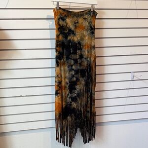 Asymmetrical Tie-Dye Fringe Skirt in Black and Orange